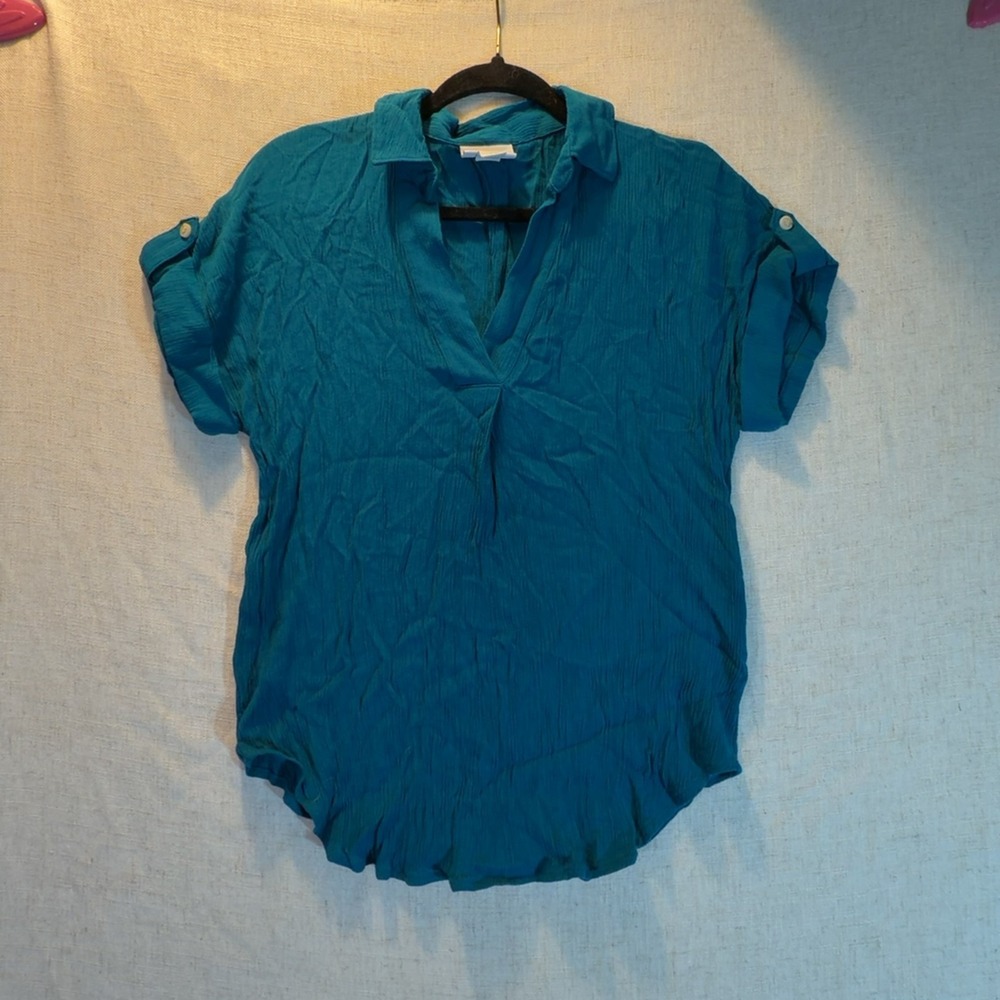 Liz Claiborne Teal Crinkle V-Neck Blouse Short Sleeve Women's Size Small